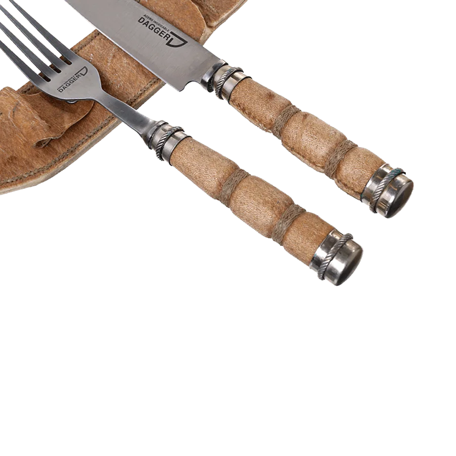 Gaucho Knife And Fork Steak Set 5.51" With Worned Leather, Tiento Ferrule And Nickel Silver Handles
