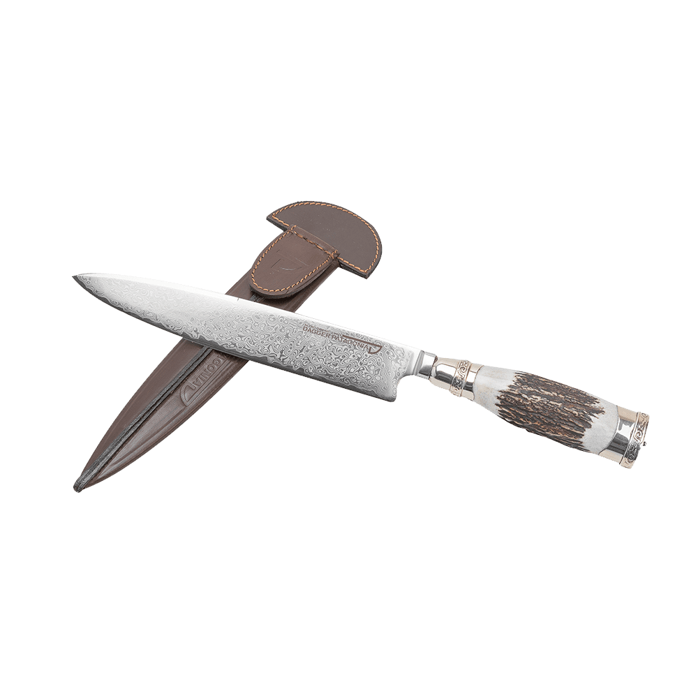 Damascus Steel Knife Deer Antler And Nickel Silver For Barbecue 7.87" +Vg10 Knife Blade