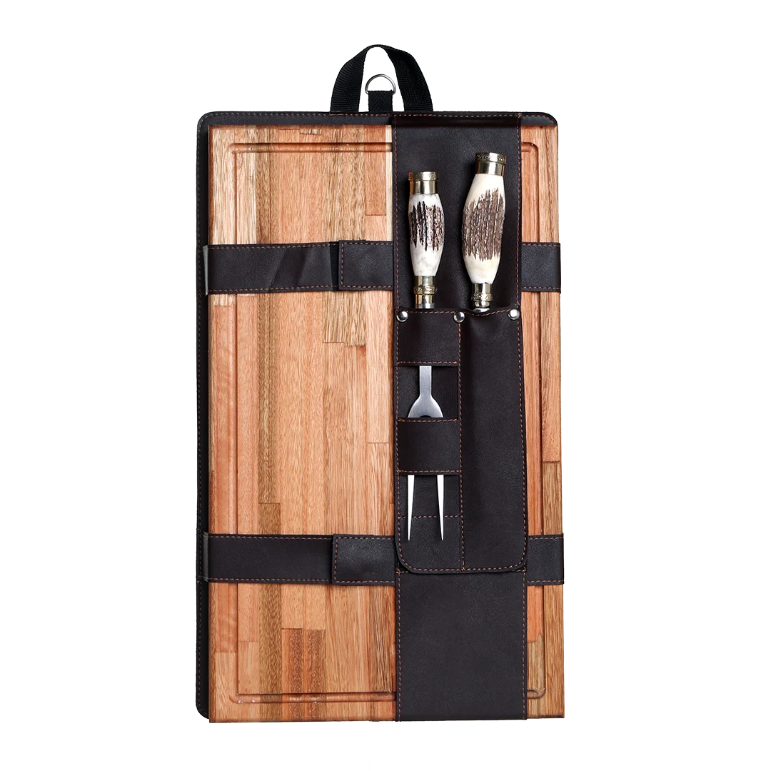 Barbecue Kit Deer Antler And Nickel Silver Carving Set with Eucalyptus Cutting Board