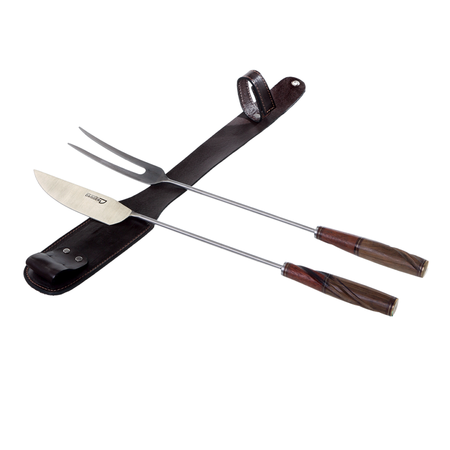 Grill Knife And Fork Set 6.29" With Wood Long Handles And Leather Sheath For Barbecue