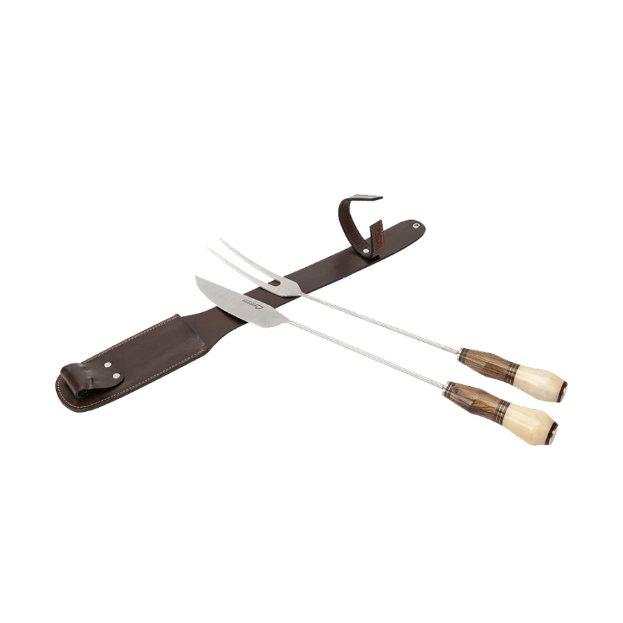 Grill Knife And Fork Set 6.29" With Cow Bone And Wood Long Handles And Leather Sheath For Barbecue
