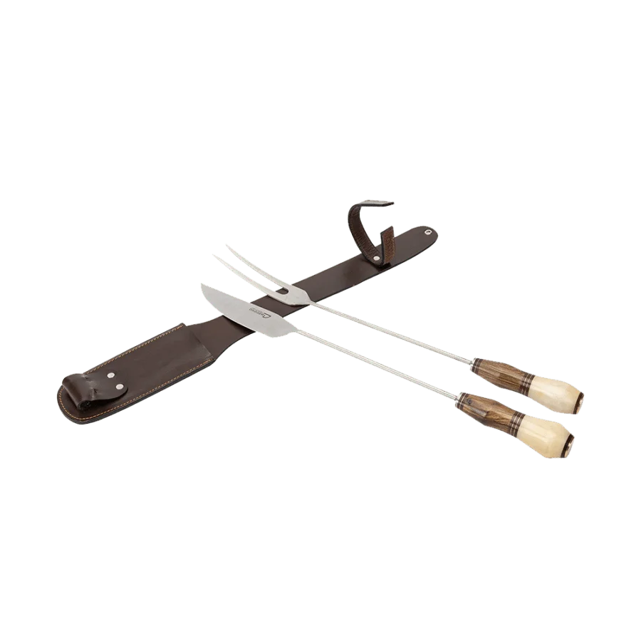 Grill Knife And Fork Set 6.29" With Cow Bone And Wood Long Handles And Leather Sheath For Barbecue