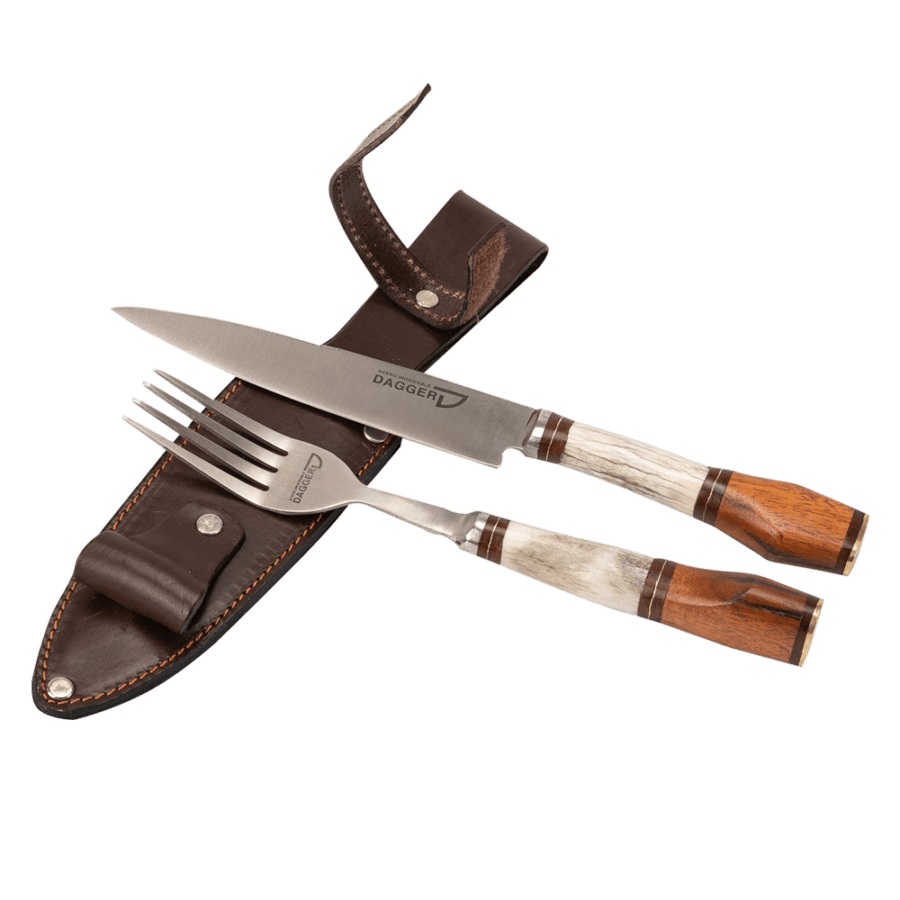 Gaucho Knife And Fork Steak Set 5.51" With Deer Antler And Wood Handles