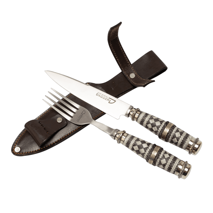 Gaucho Knife And Fork Steak Set 5.51" With Fine Braided Leather Handles