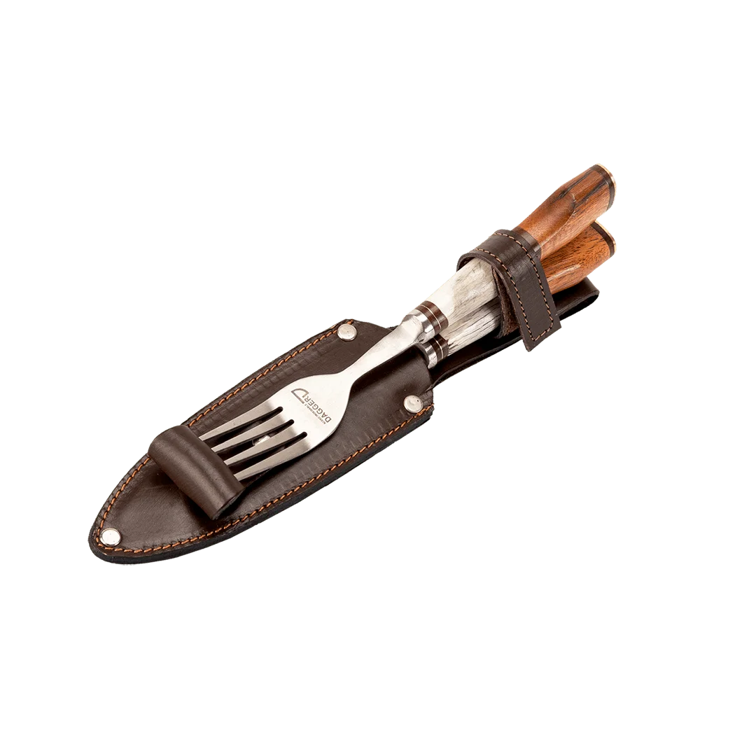 Picnic Knife And Fork Set 5.51" With Deer Antler And Wood Handles