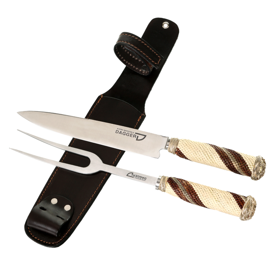 Carving Knife And Fork Set 7.8" With Thick Braided Leather Handles