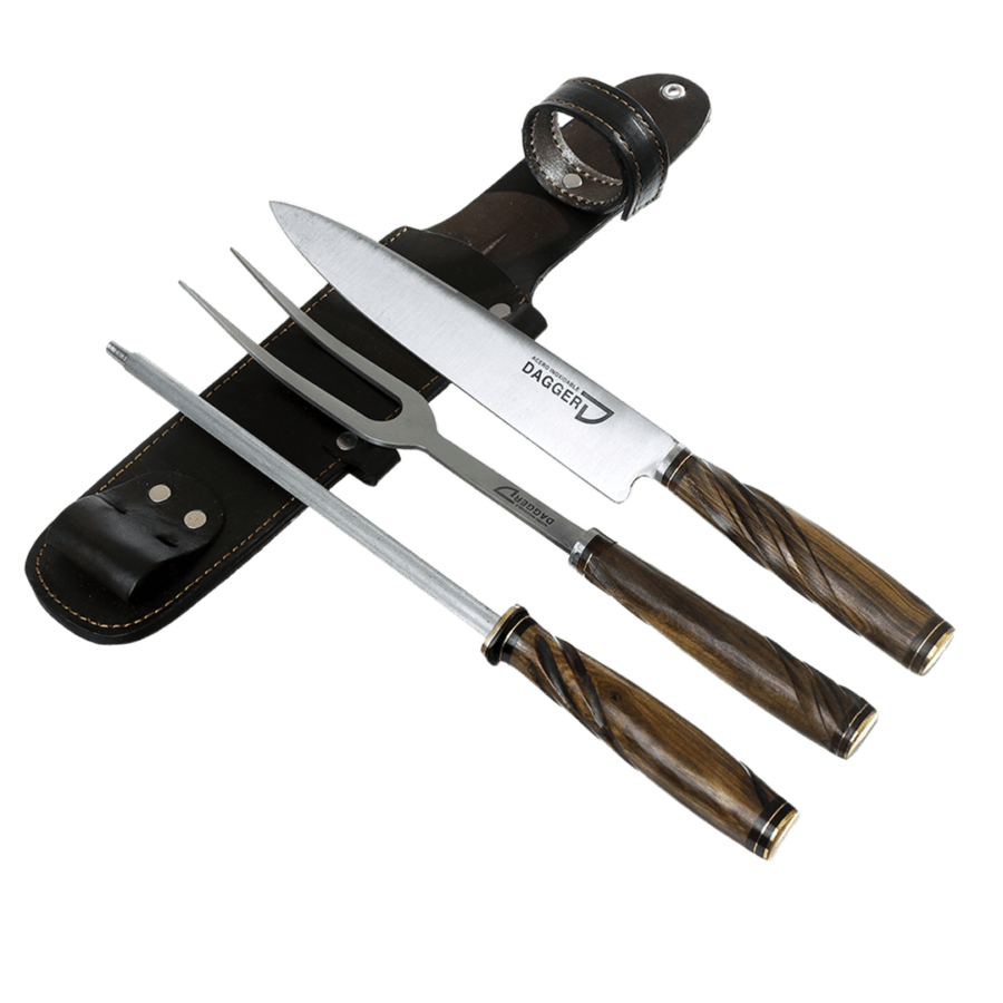 Carving Knife, Fork And Sharpener Set 7.8" With Wood Handles