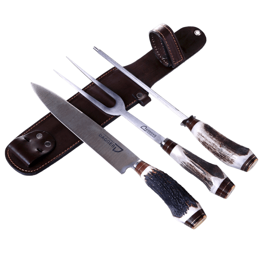 Carving Knife, Fork And Sharpener Set 7.8" With Deer Antler Handles