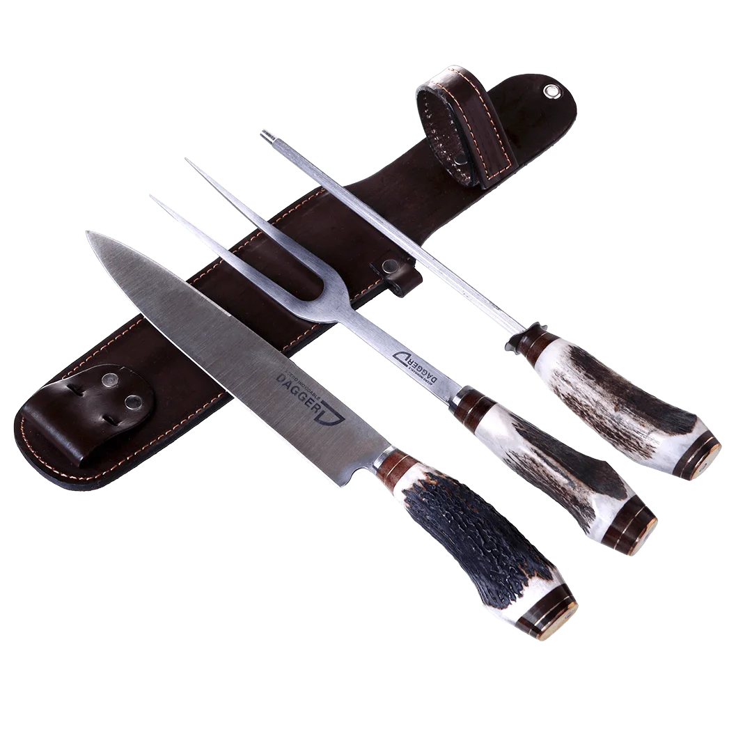 Carving Knife, Fork And Sharpener Set 7.8" With Deer Antler Handles