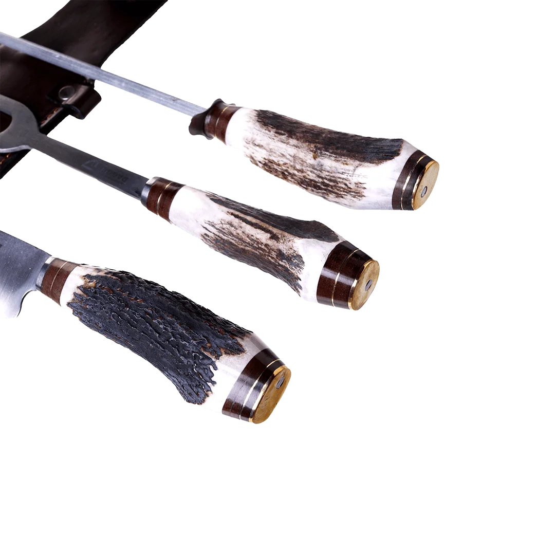 Carving Knife, Fork And Sharpener Set 7.8" With Deer Antler Handles