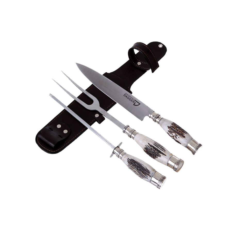 Carving Knife, Fork And Sharpener Set 7.8″ With Deer Antler Handles And Nickel Silver