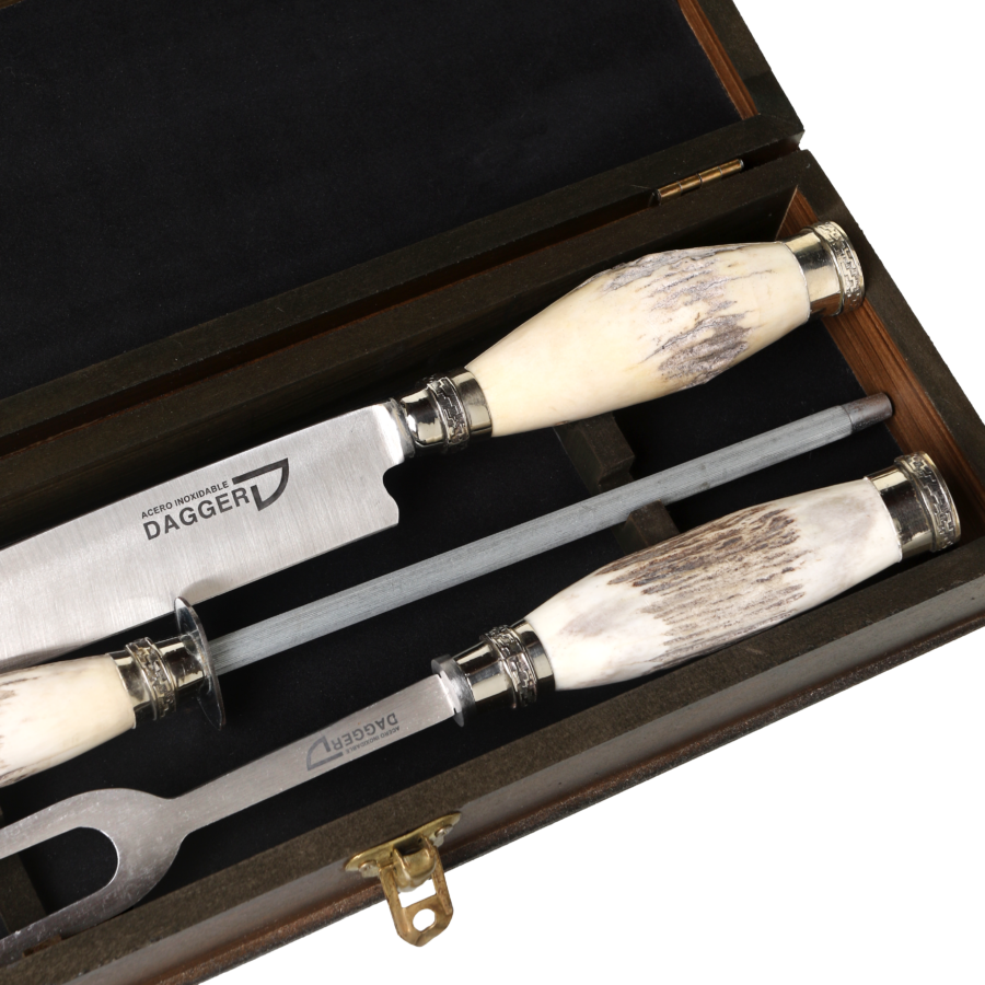 Carving Knife, Fork And Sharpener Set With Deer Antler Handles And Nickel Silver In Wooden Box