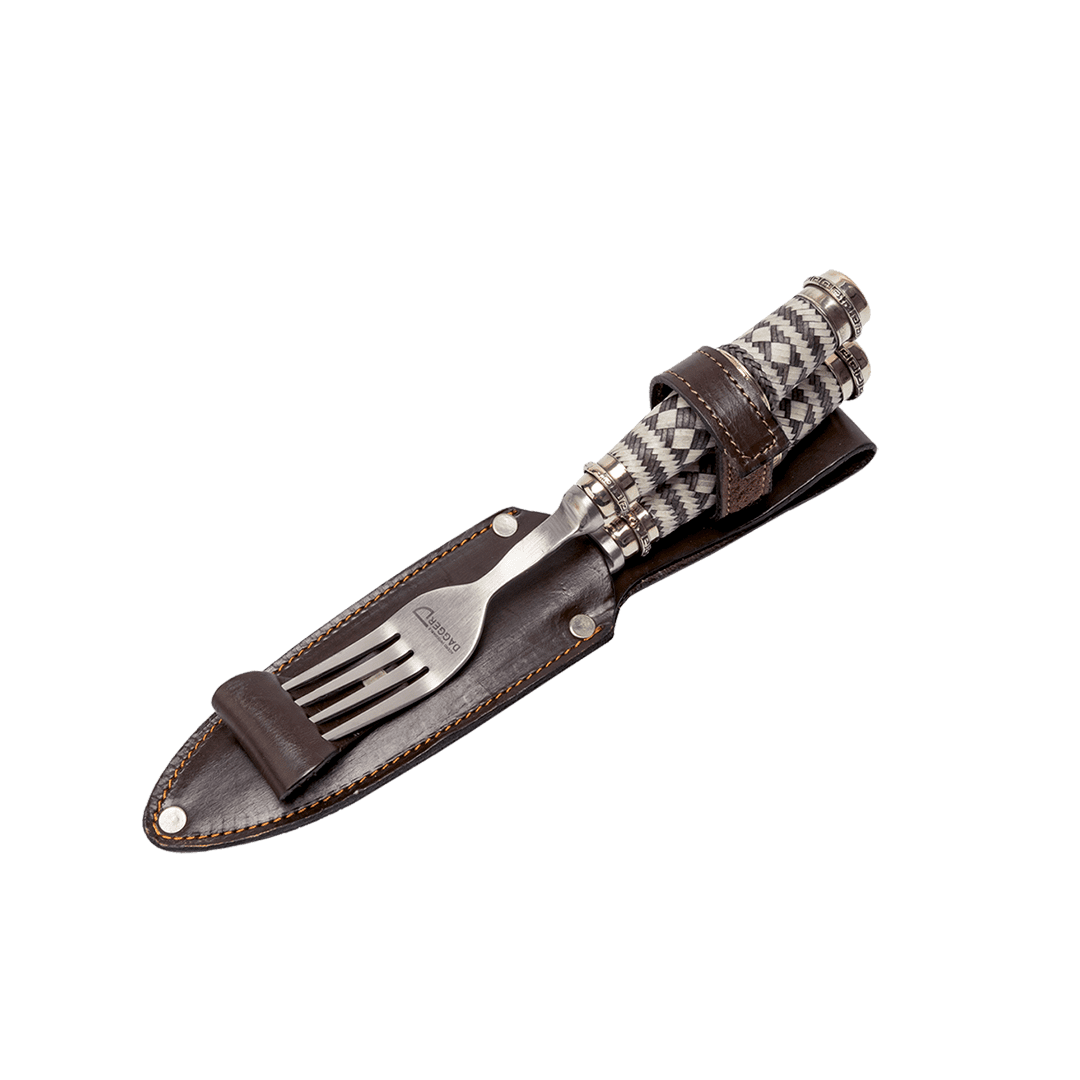 Picnic Knife And Fork Set 5.51" With Braided Leather Handles And Nickel Silver Triple Ferrules