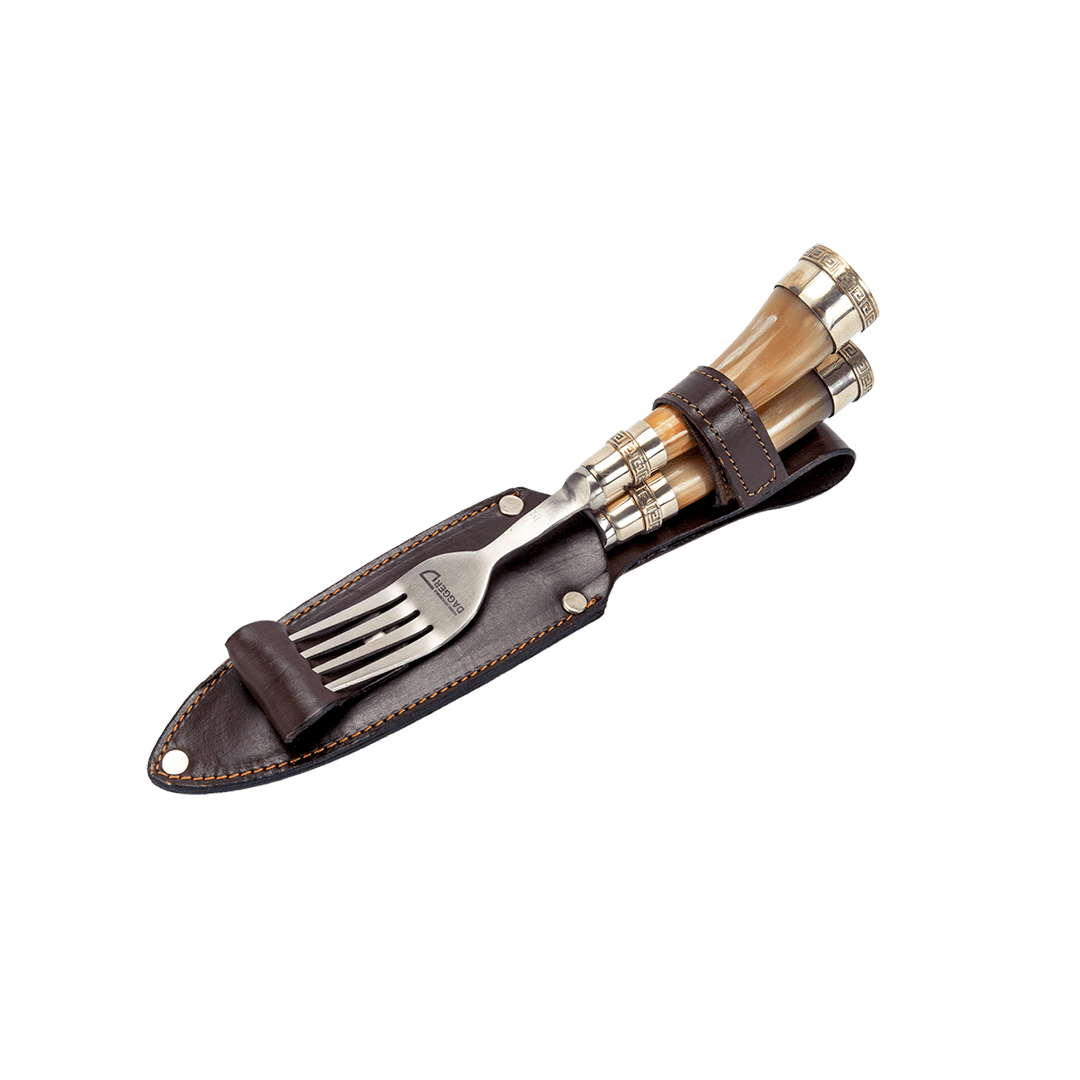 Picnic Knife And Fork Set 5.51" With Cow Horn Handles and Nickel Silver Ferrules