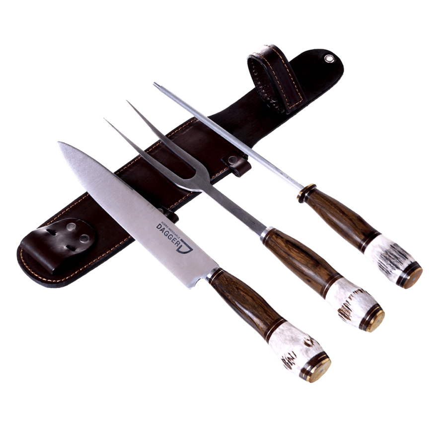 Carving Knife, Fork And Sharpener Set 7.8″ With Deer Antler And Wood Handles