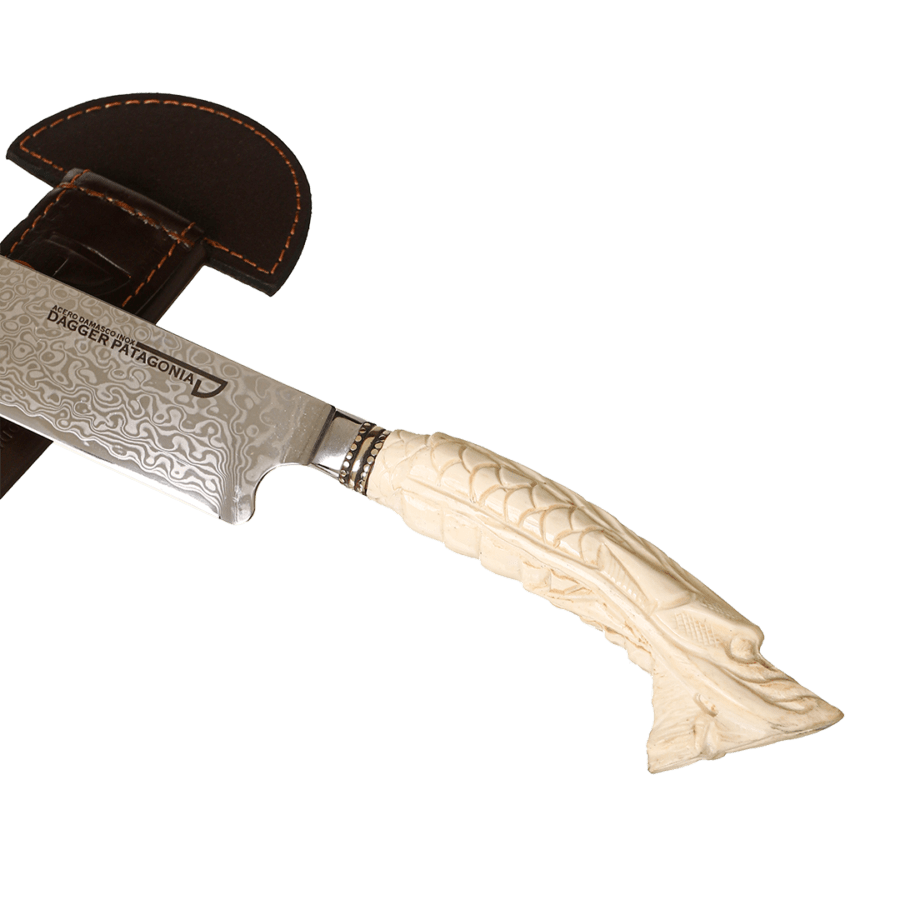 Damascus Steel Knife Dragon Carved Deer Antler And Nickel Silver For Barbecue 7.87" +Vg10 Knife Blade