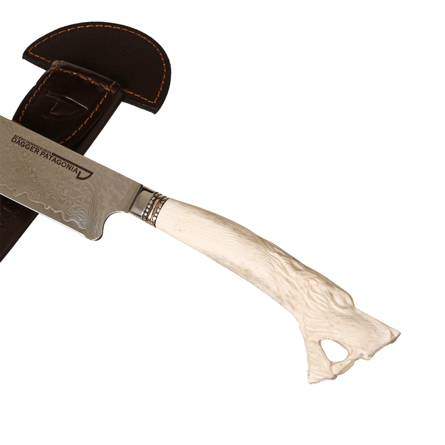 Damascus Steel Knife Wolf Carved Deer Antler And Nickel Silver For Barbecue 7.87" +Vg10 Knife Blade