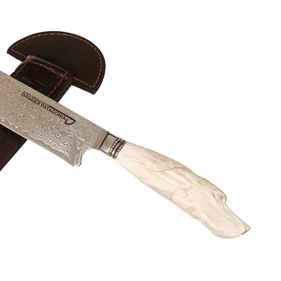 Damascus Steel Knife Dog Carved Deer Antler And Nickel Silver For Barbecue 7.87" +Vg10 Knife Blade