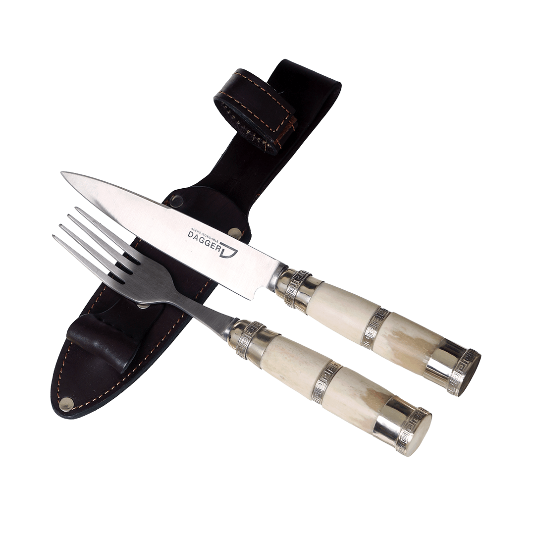 Picnic Knife And Fork Set 5.51" With Cow Bone Handles and Triple Nickel Silver Ferrules