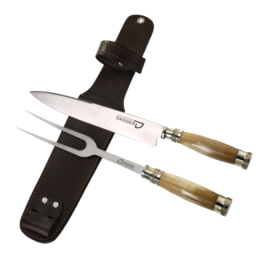 Carving Knife And Fork Set 7.8" With Bone Handle And Double Nickel Silver Ferrules