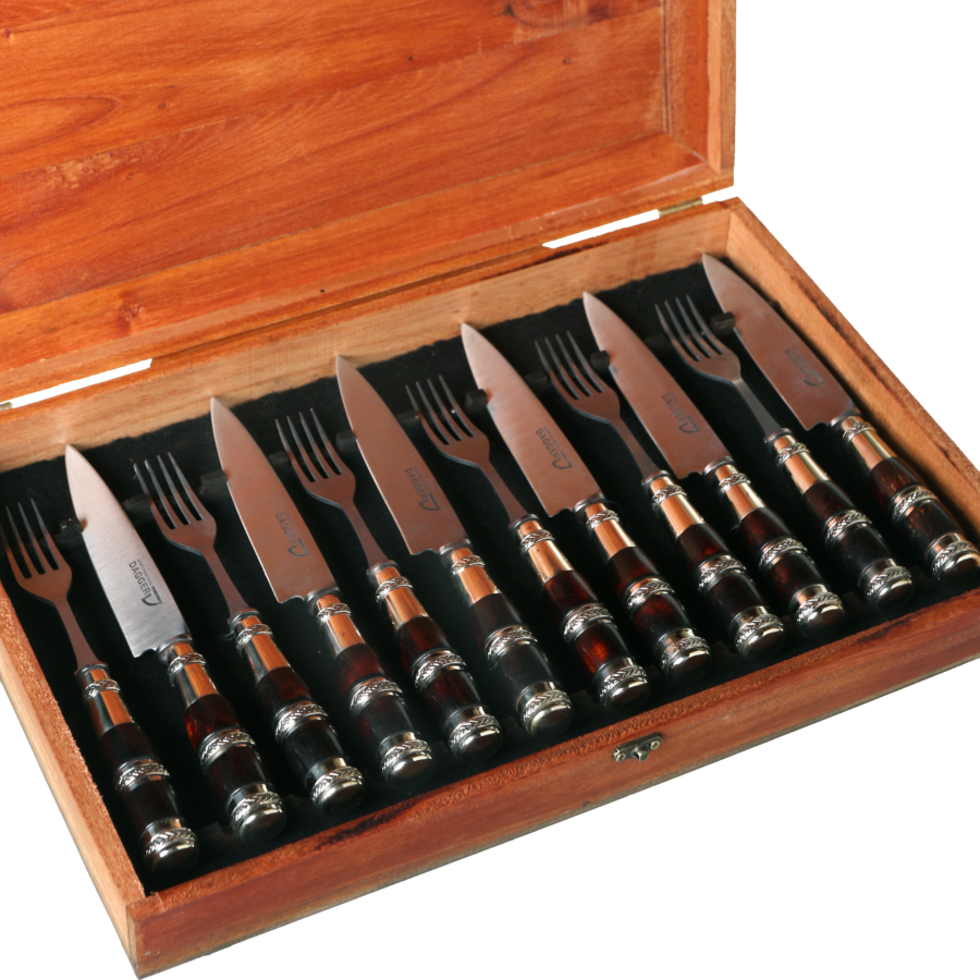 Cutlery Set of 6 Fork and Knife with Black Wood and Triple Nickel Silver Ferrule Handle