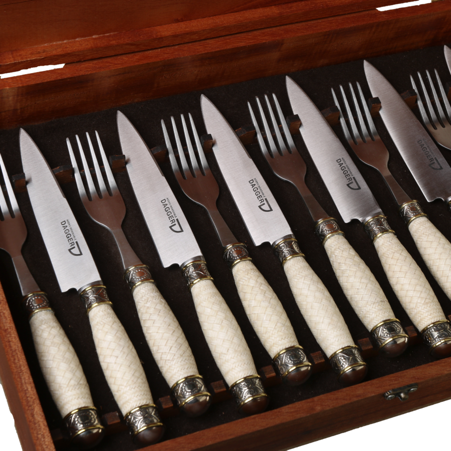 Cutlery Set of 6 Fork and Knife with Braided and Nickel Silver with Bronze Handles