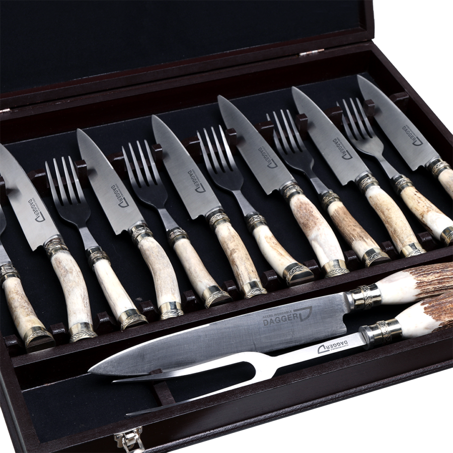 Cutlery Set of 6 Fork and Knife + Carving Set Deer Antler and Nickel Silver Ferrules Handle