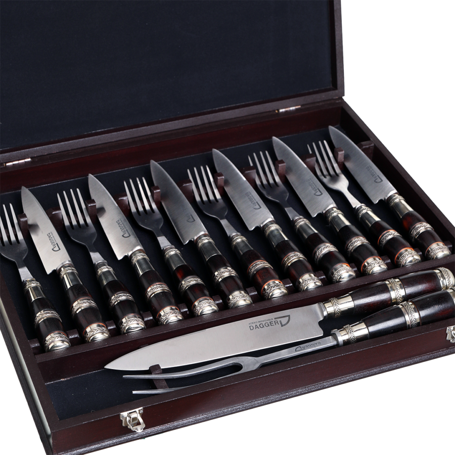 Cutlery Set of 6 Fork and Knife + Carving Set Black Wood and Triple Nickel Silver Ferrule Handle