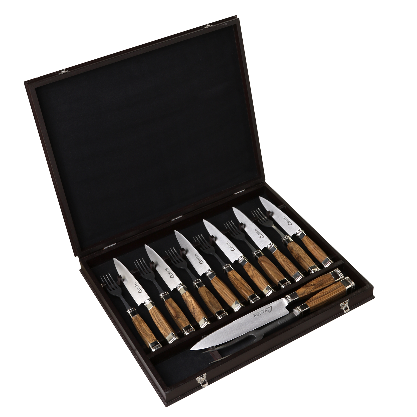 Cutlery Set of 6 Fork and Knife + Carving Set Squared Wood and Nickel Silver Handles