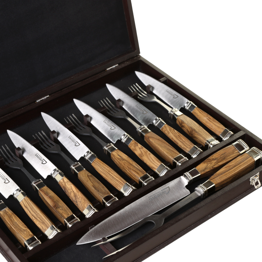 Cutlery Set of 6 Fork and Knife + Carving Set Squared Wood and Nickel Silver Handles