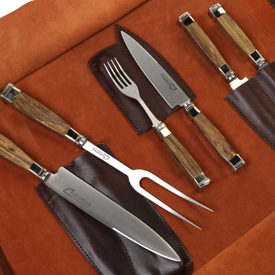 Cutlery Set Knife and Fork + Carving Set with Squared Wood and Nickel Silver Handles