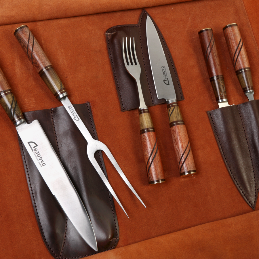 Cutlery Set Knife and Fork + Carving Set with Combined Wood Handles