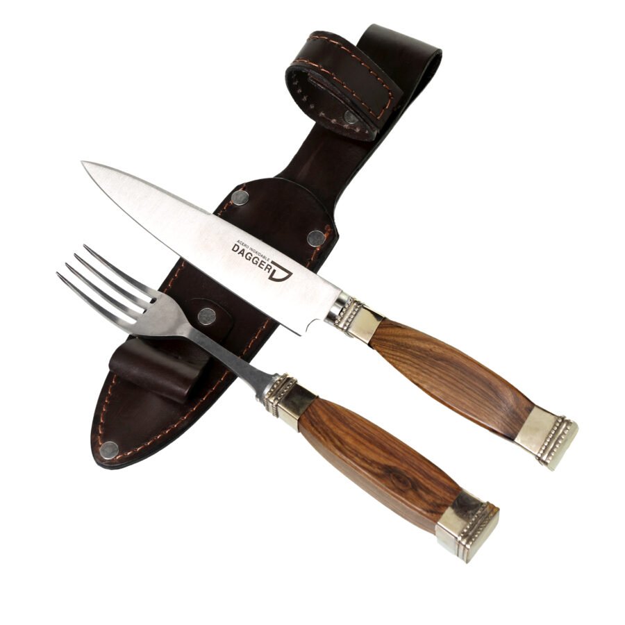 Picnic Knife And Fork Set 5.51" With Squared Wood Handles and Nickel Silver Ferrules