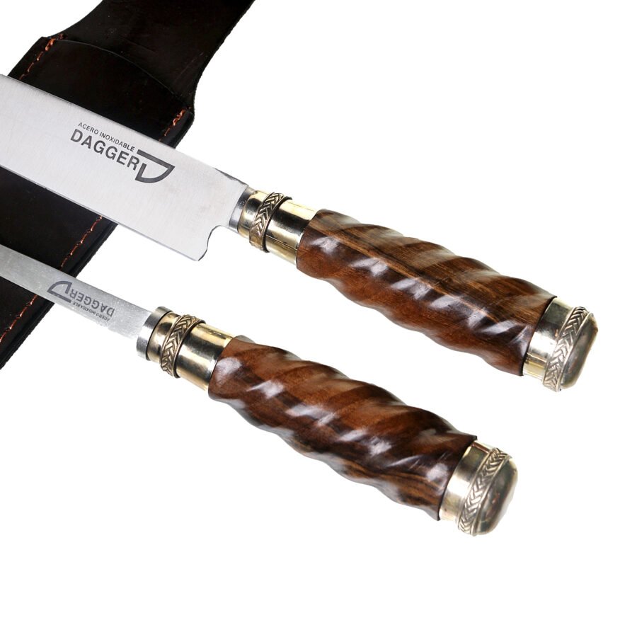 Carving Knife And Fork Set 7.8" With Spiraled Wood Handle And Nickel Silver Ferrules