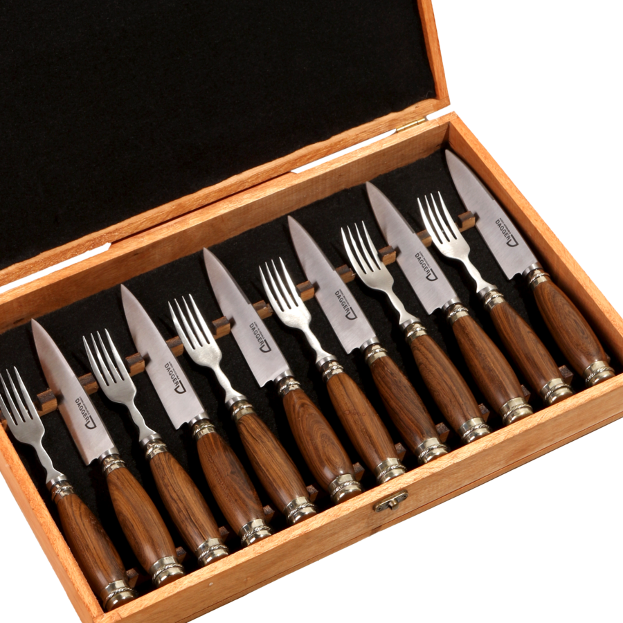 Cutlery Set of 6 Fork and Knife with Wood and Nickel Silver Ornament Handle