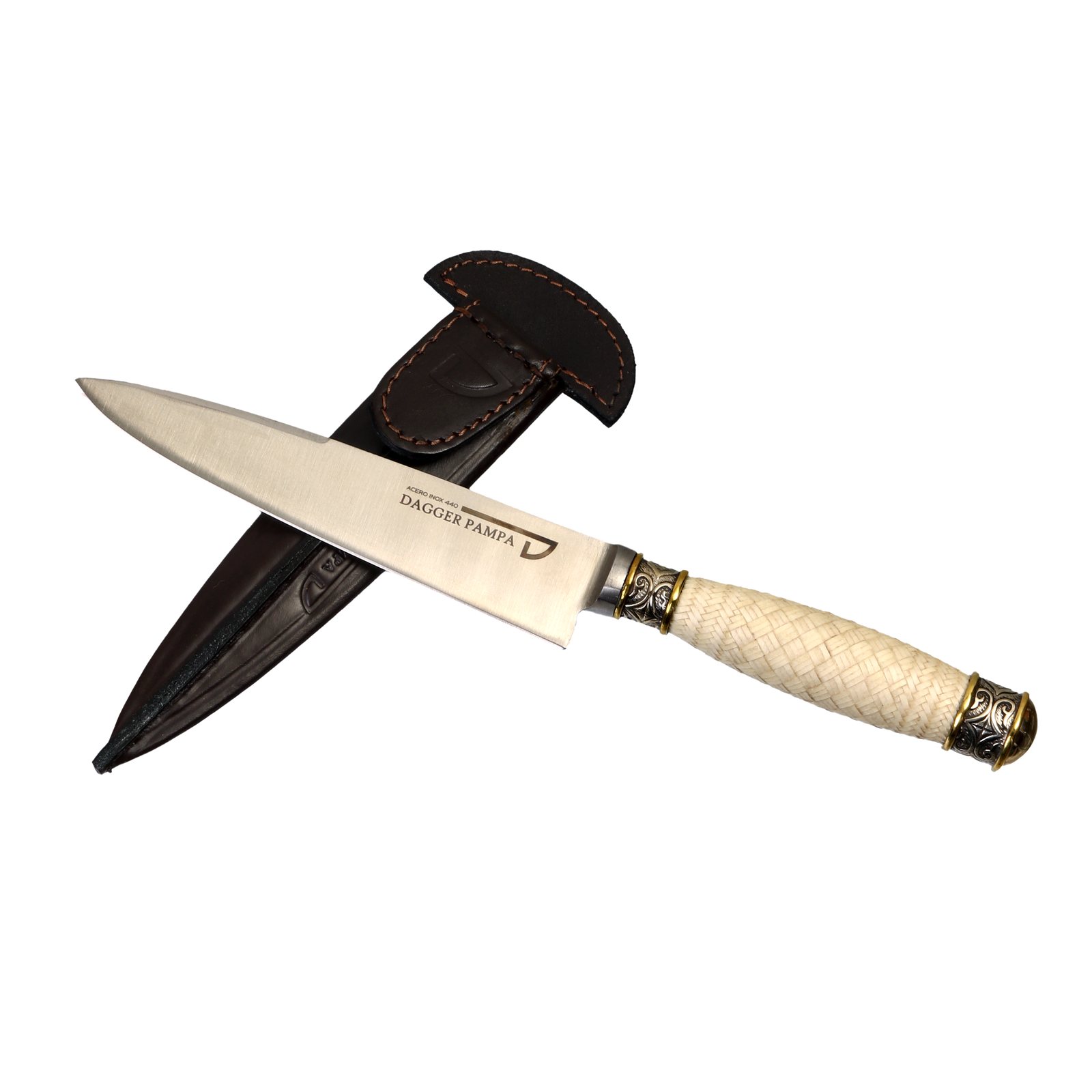 Stainless Steel 440 Knife Blade with Thin Braided Leather and Nickel Silver Ferrules with Bronze Details